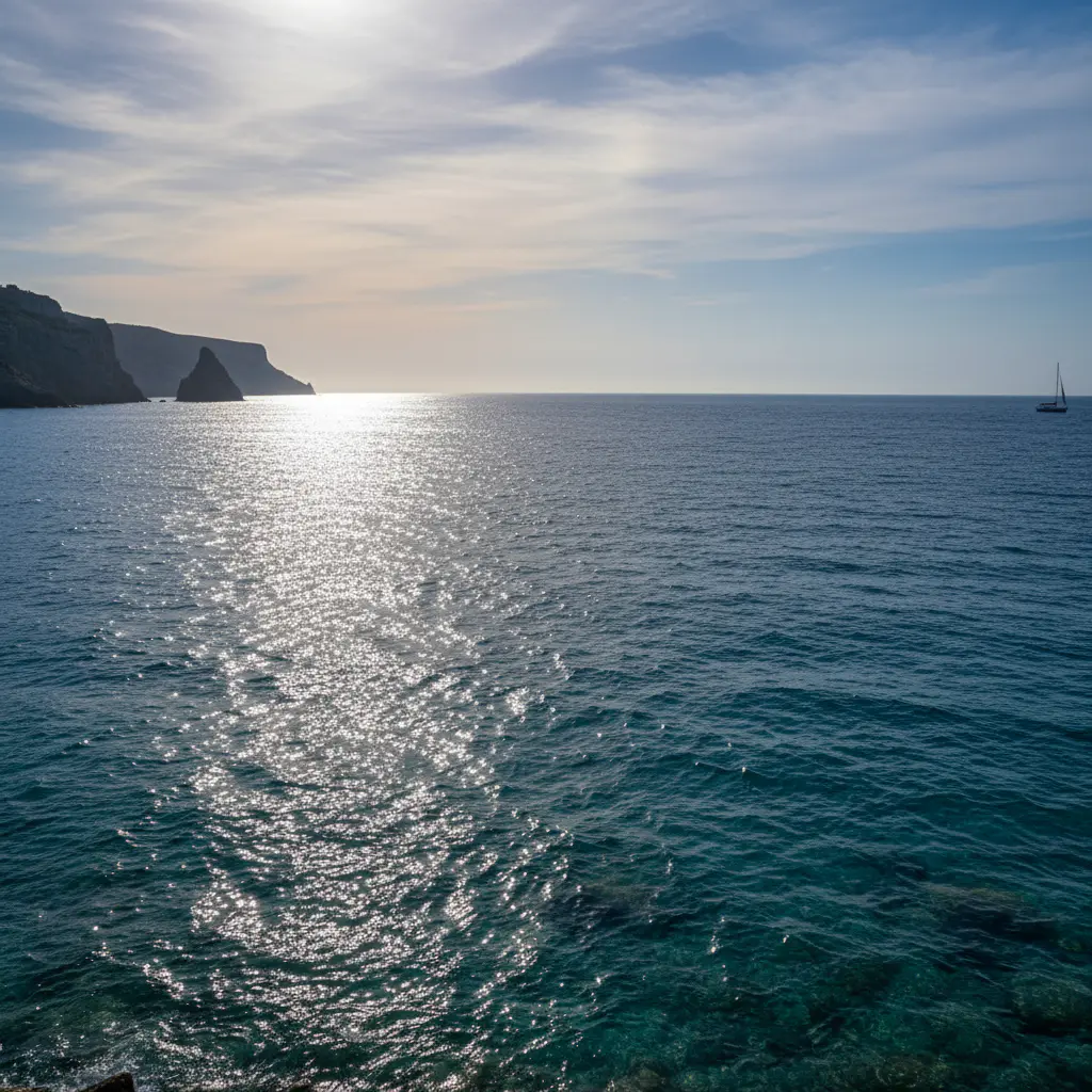 Panorama amplo do mar azul com embarcação de pesca ao fundo